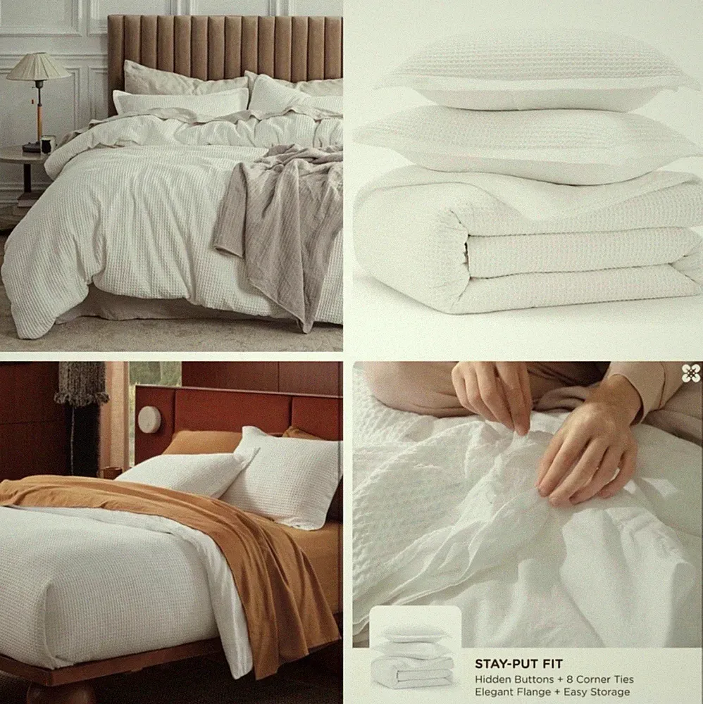 bedsure 100% Cotton Waffle Weave Coconut White King Size Duvet