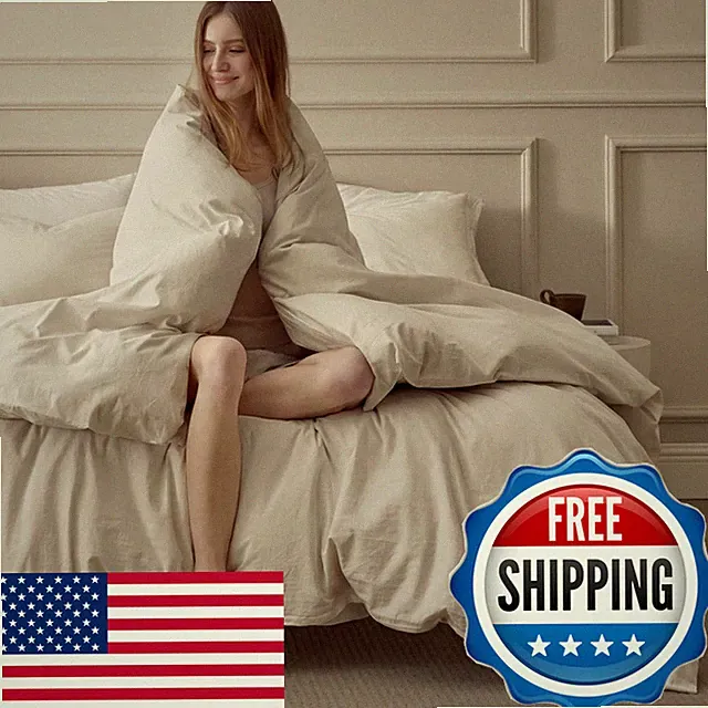 Bedsure 100 Washed Cotton Duvet Cover Full Size - Oatmeal Minimalist Bedding