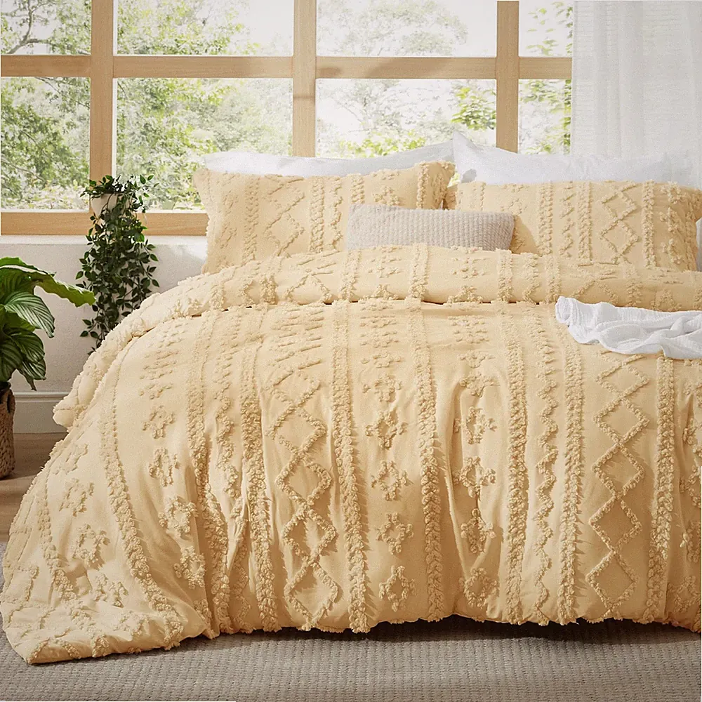 Bedsure Boho Tufted Comforter Set Queen 3pc Yellow Jacquard