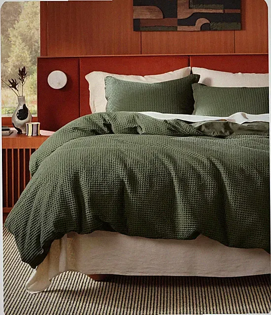 Bedsure Cotton Duvet Cover Full - 100% Cotton Waffle Weave Olive Green Queen