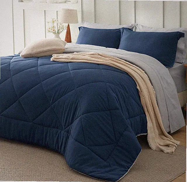 Bedsure Oversized Queen Comforter Set - 7 Pieces Reversible Navy Bedding, Over..