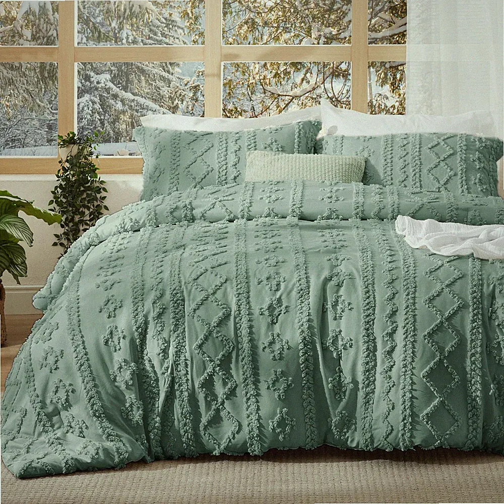 Bedsure Queen Comforter Set 3 Piece Tufted Boho Green Embroidery