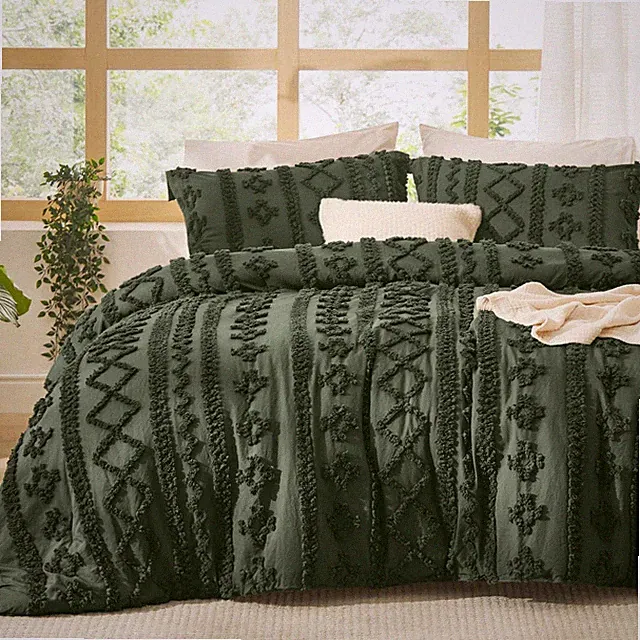 Bedsure Tufted Boho Comforter Set Oversized Queen - Olive Green Boho Bed Set,...