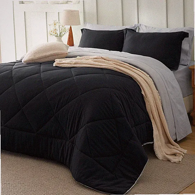 Dorm Room Bedding Set - Full Size 7 Piece Comforter with Sheets Black