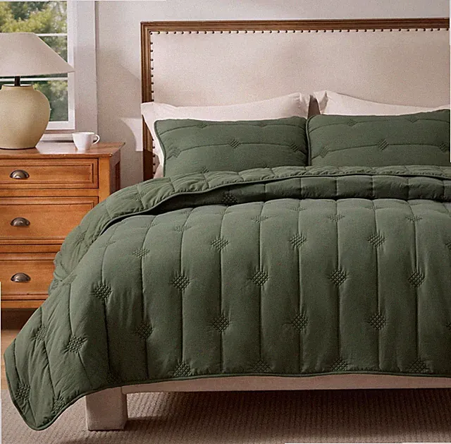 King Quilt Set 3 Piece Olive Green Lightweight Bedspread Coverlet Pillow Shams B