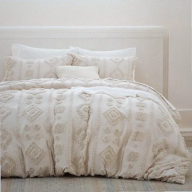 NEW Anthro Beige Cream Tufted Boho Queen / King Size Bedding Duvet & Sham Set